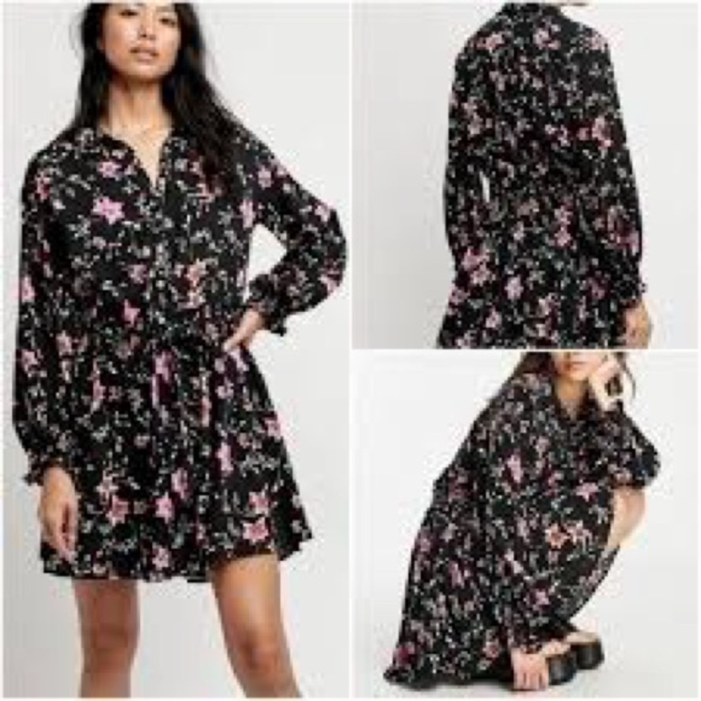 Free People Long Sleeved Floral Mini Dress Black Pink Multi Size Medium